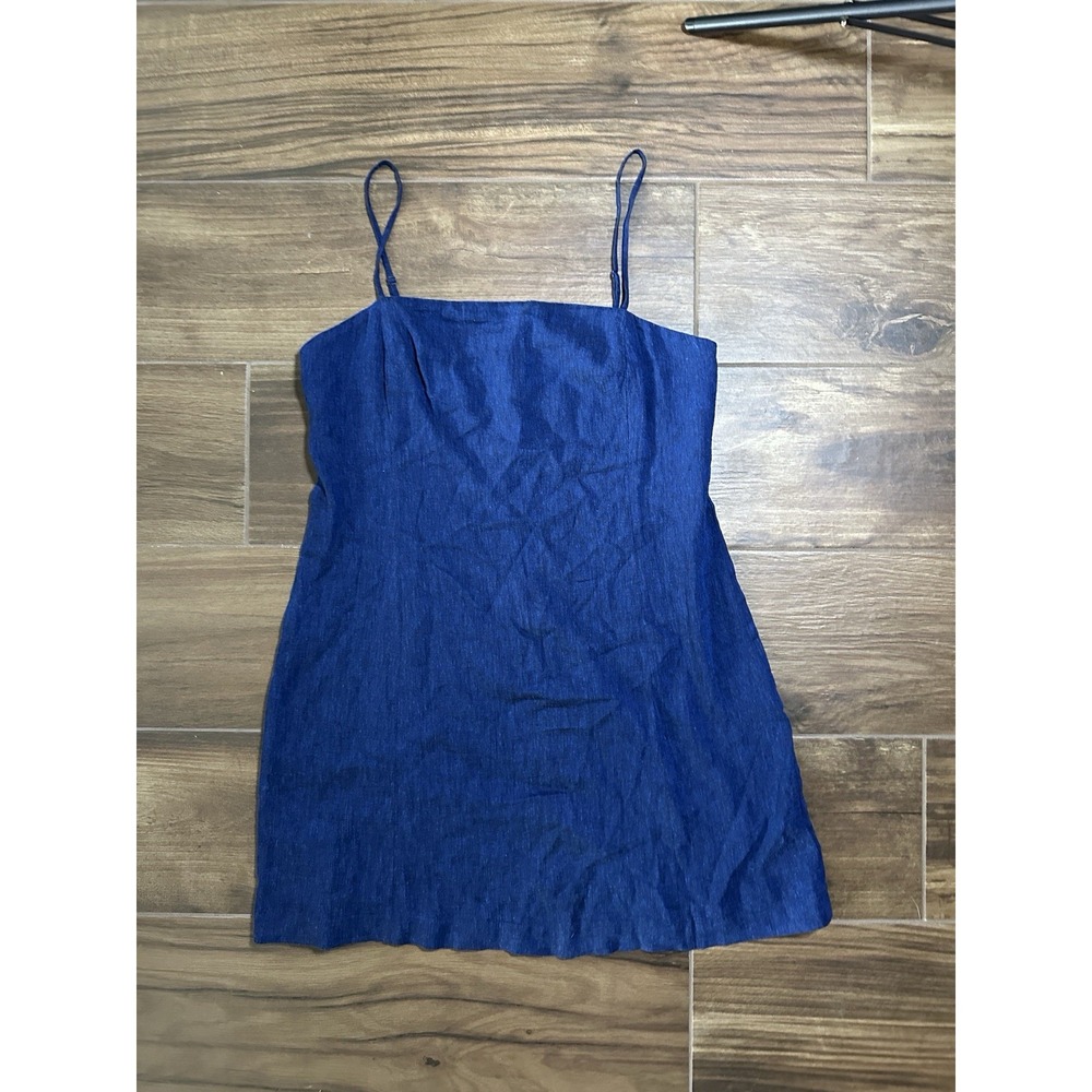 Indigo Blue Denim Look Mini Dress Square Neck Adjustable Spaghetti Straps A-Line
